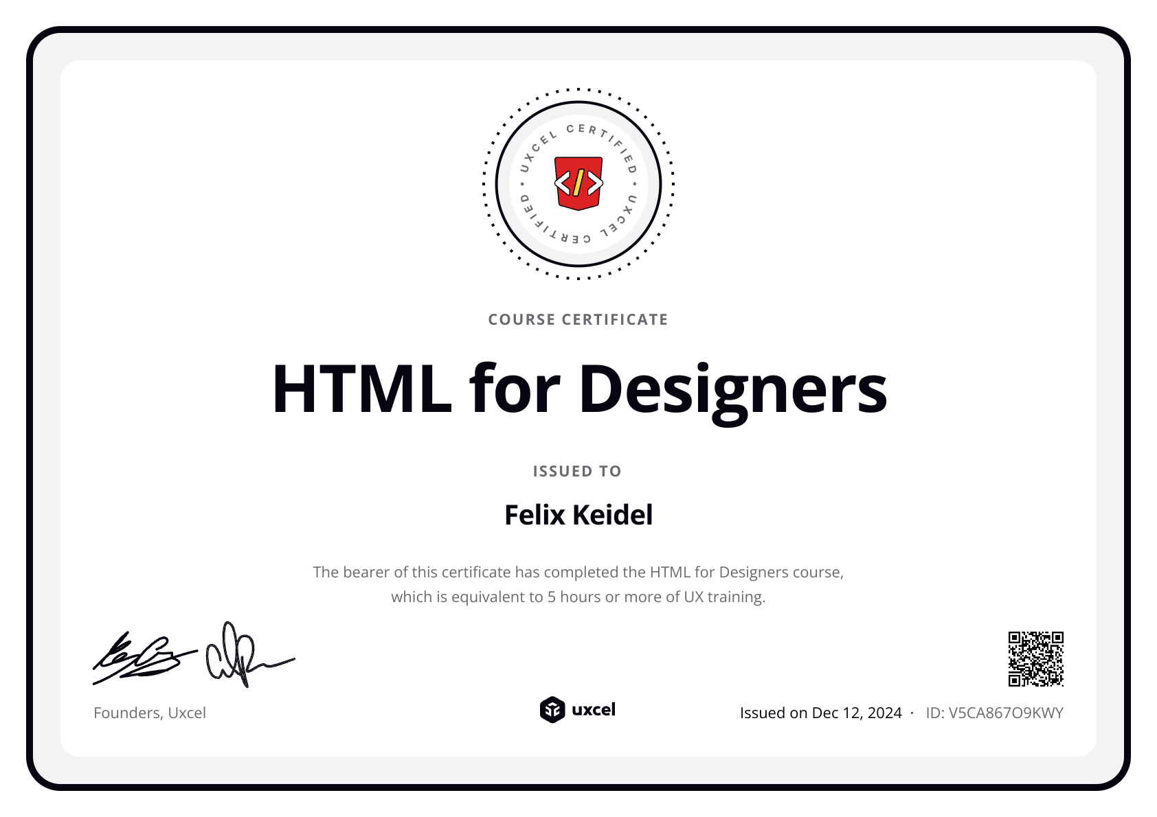 Felix Keidel's certificate